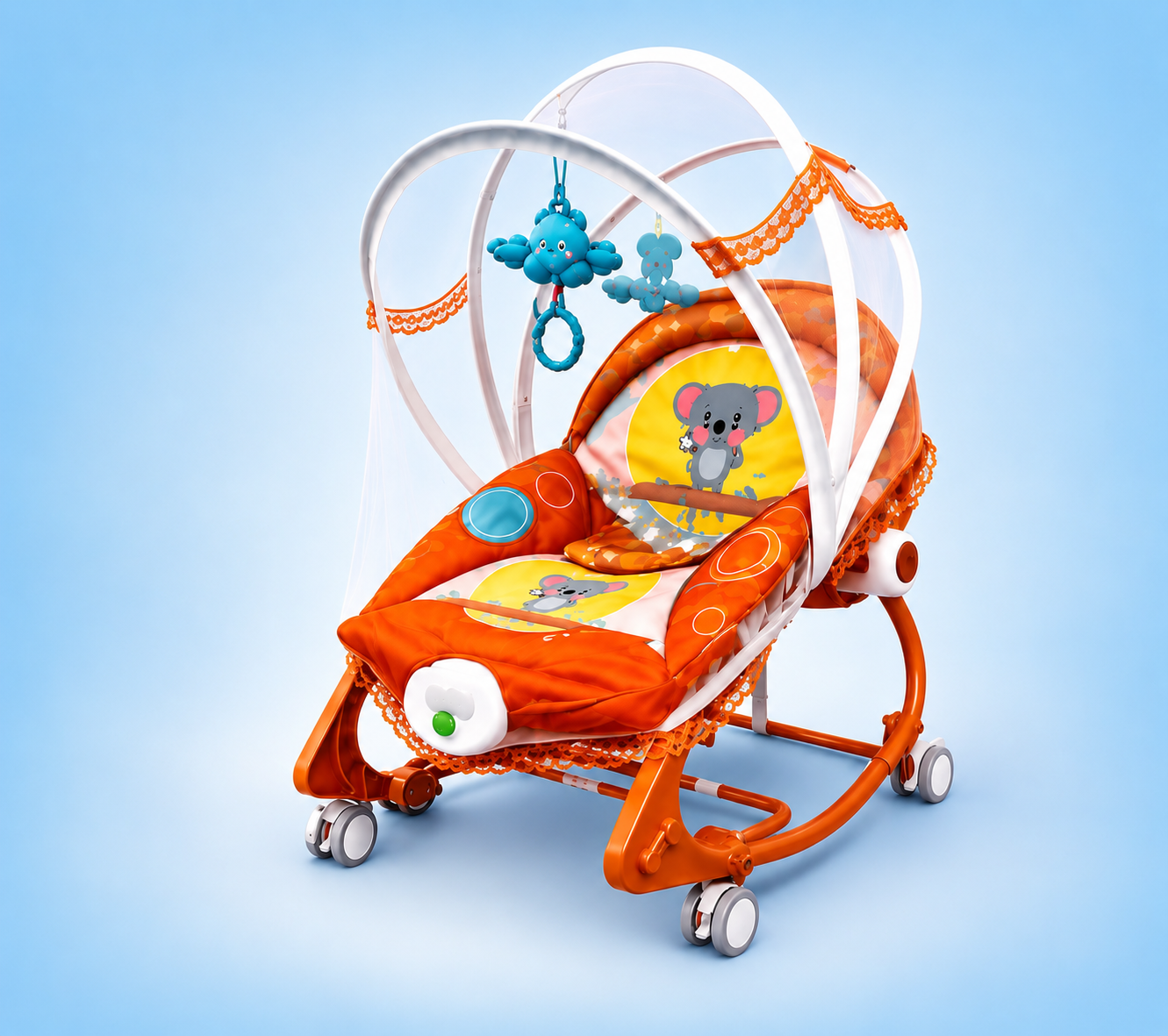 4-in-1 Baby Wheel Rocker — মশারি, মিউজিক ও ভাইব্রেশন সহ বেবি রকার